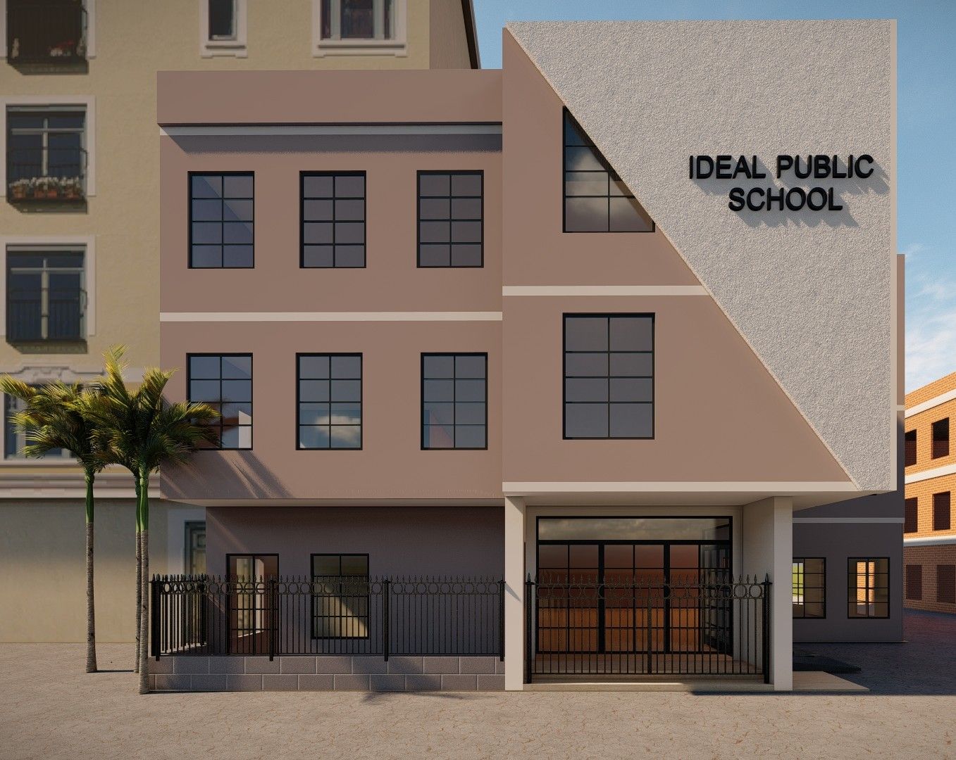 “This 3D school elevation design presents a modern educational building with functional planning, attractive façade design, and realistic architectural visualization suitable for institutional projects.”