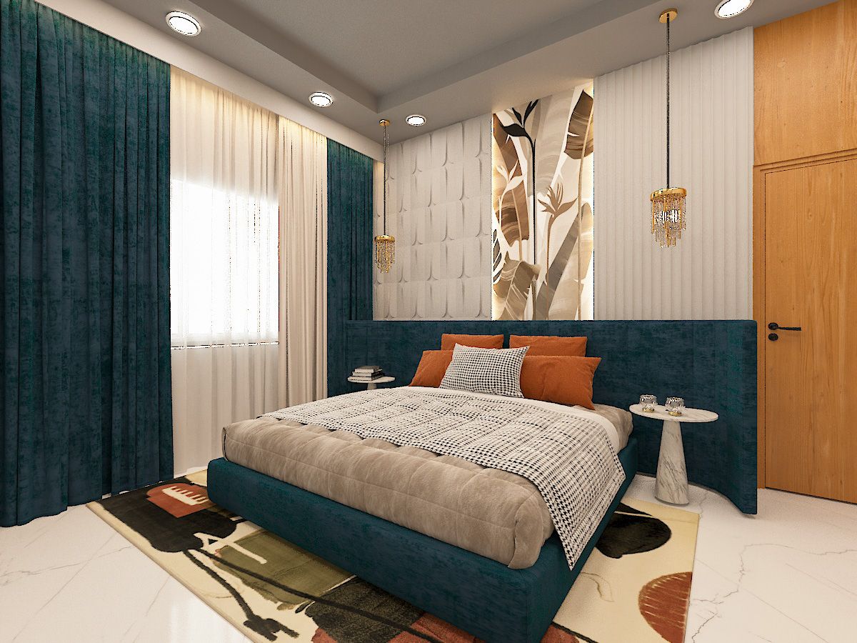 “A modern luxury bedroom designed with rich textures, warm tones, and sophisticated comfort.”
