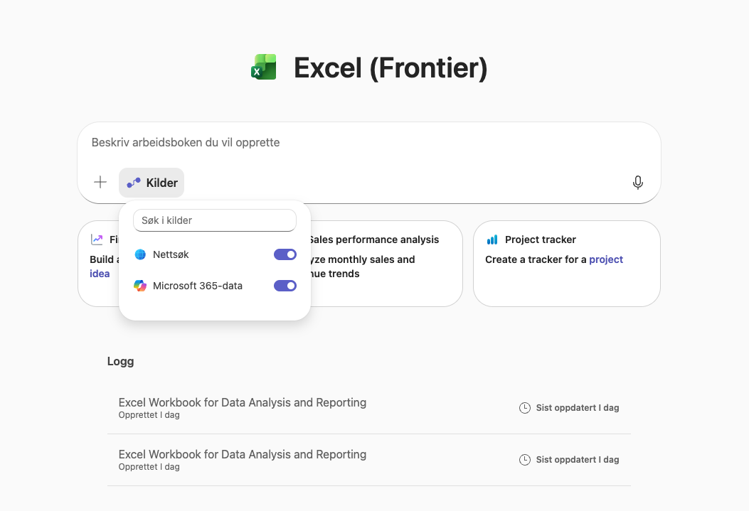 Excel (Frontier) agent in Copilot Chat with a sources panel toggling Web search and Microsoft 365 data.