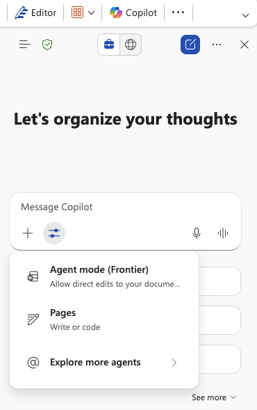 Copilot in Word with the agent-mode picker open, listing Agent mode (Frontier), Pages, and Explore more agents.