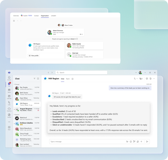 Microsoft Teams Sales Development Agent compiling meeting prep with a CRM-driven contact summary.