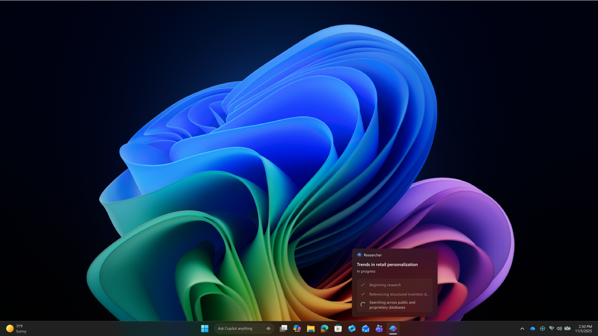 Windows desktop showing a Copilot agent running as a separate app and reporting a completed task.