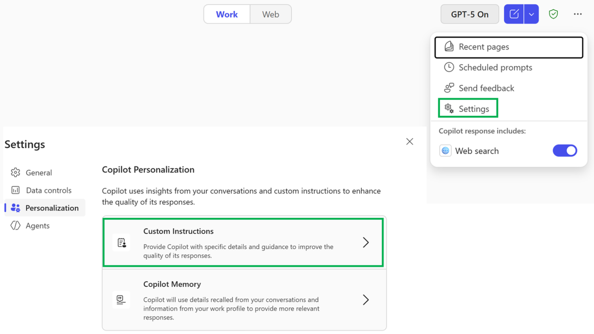 Copilot Chat settings opened to Personalization with the Custom Instructions option highlighted.