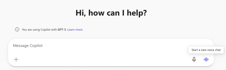 Copilot Chat home with a 'Start a new voice chat' tooltip on the microphone button.