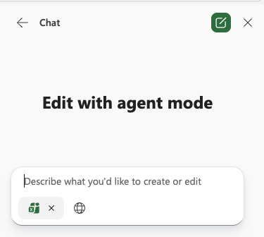 Copilot Chat panel showing the 'Edit with agent mode' prompt for creating or editing content.