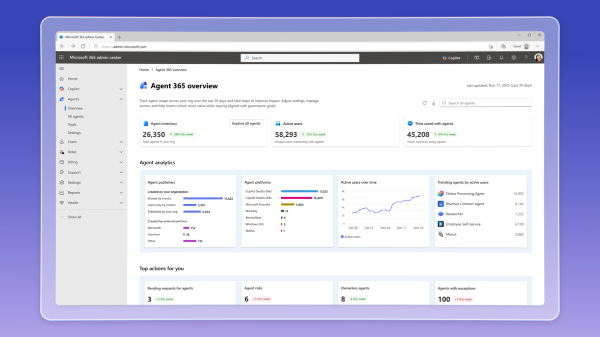 Microsoft 365 admin center Agent 365 overview dashboard with agent inventory, active users, and usage analytics.