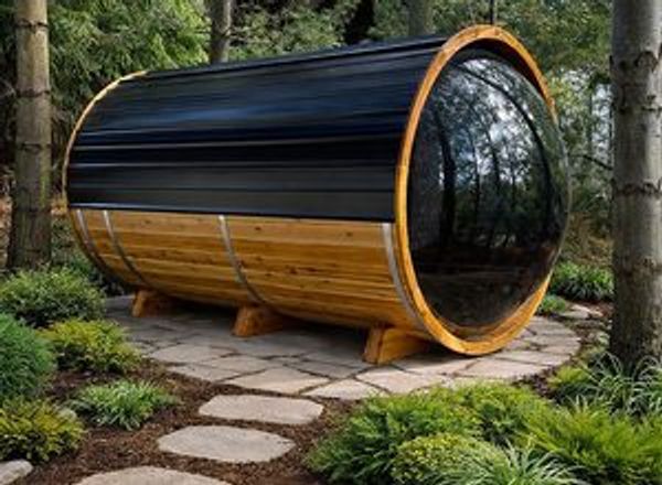 Black cedar barrel sauna nestled in a lush ornamental garden