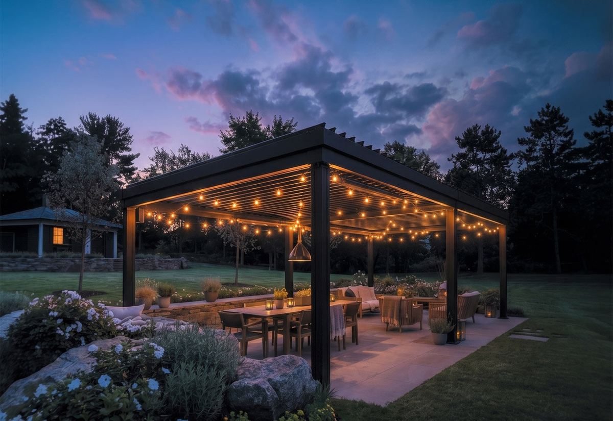 Black SunLouvre Integrated pergola at twilight with flush louvres and string lights illuminating the dining area below