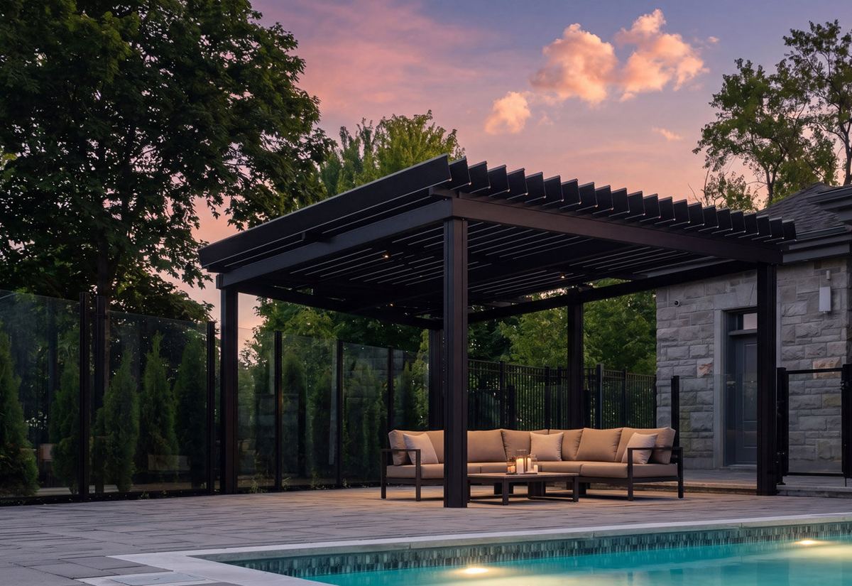 Black SunLouvre Classic pergola at sunset with louvres visible above the roof beams, lounge seating beside a pool