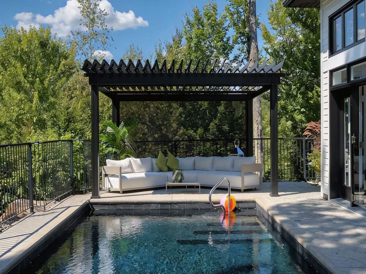 A Solara Living installed pergola over a poolside deck