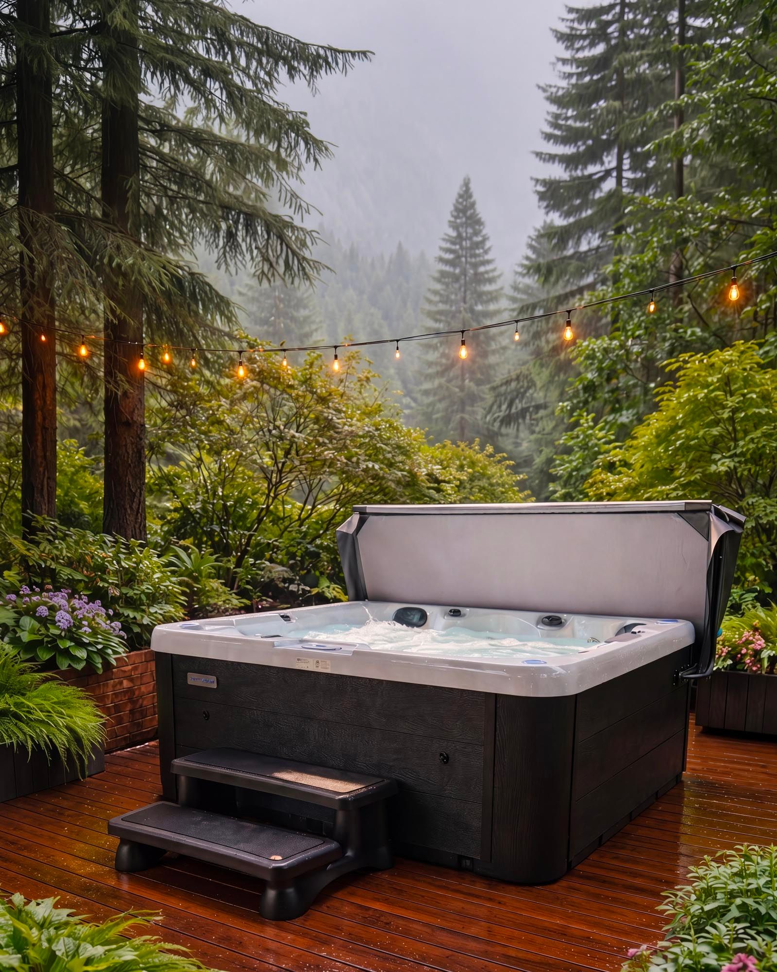 Northern Leisure premium hot tub on a wooden deck in misty forest, lid open showing jets and bubbling water, string lights overhead
