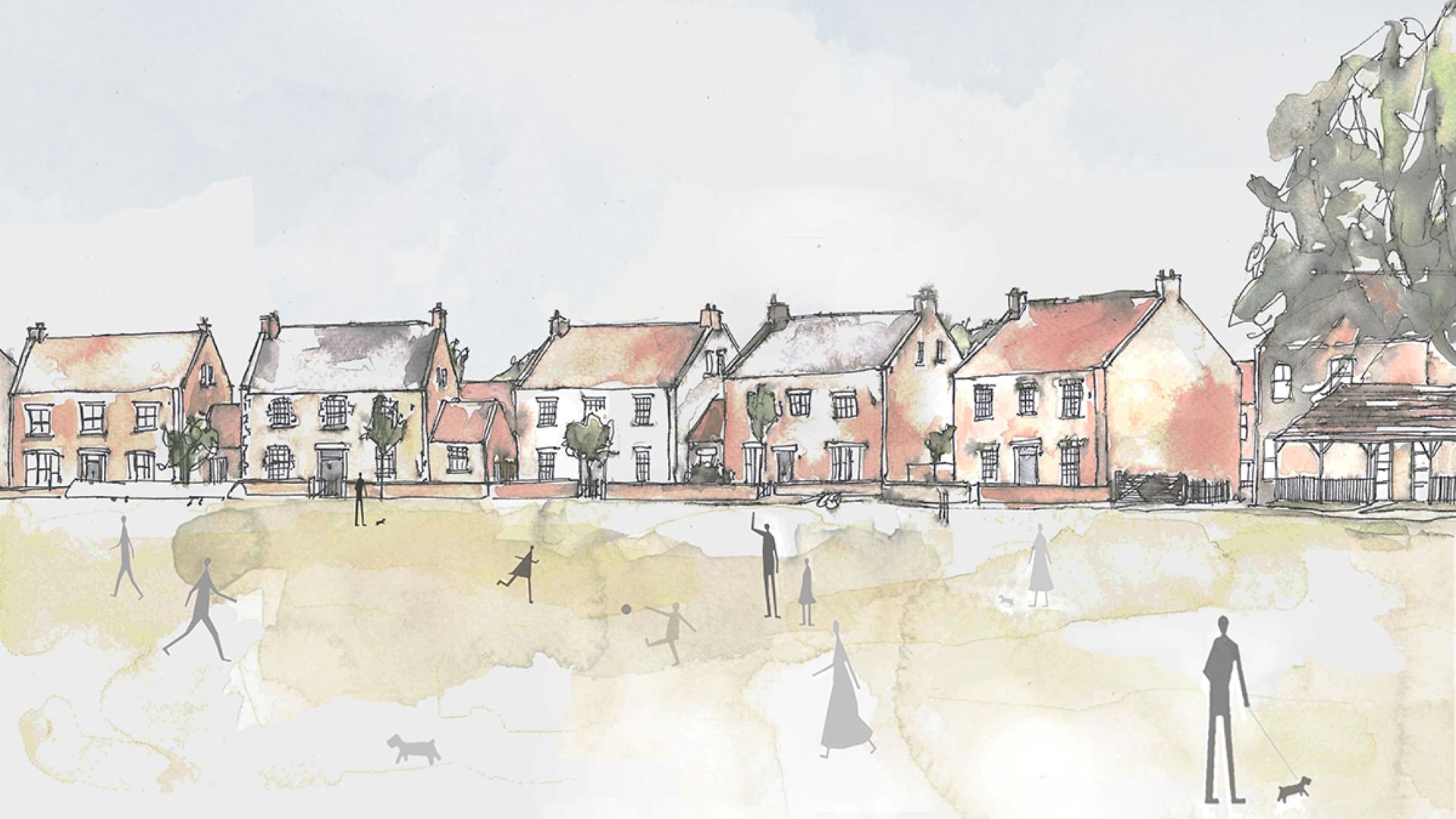 a drawing of a street of houses in a rural housing development