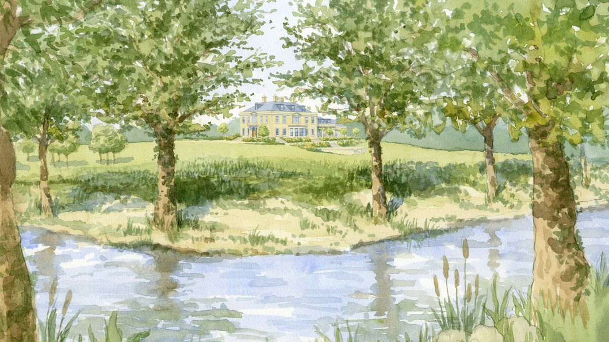 Watercolour of a country home looking across a river