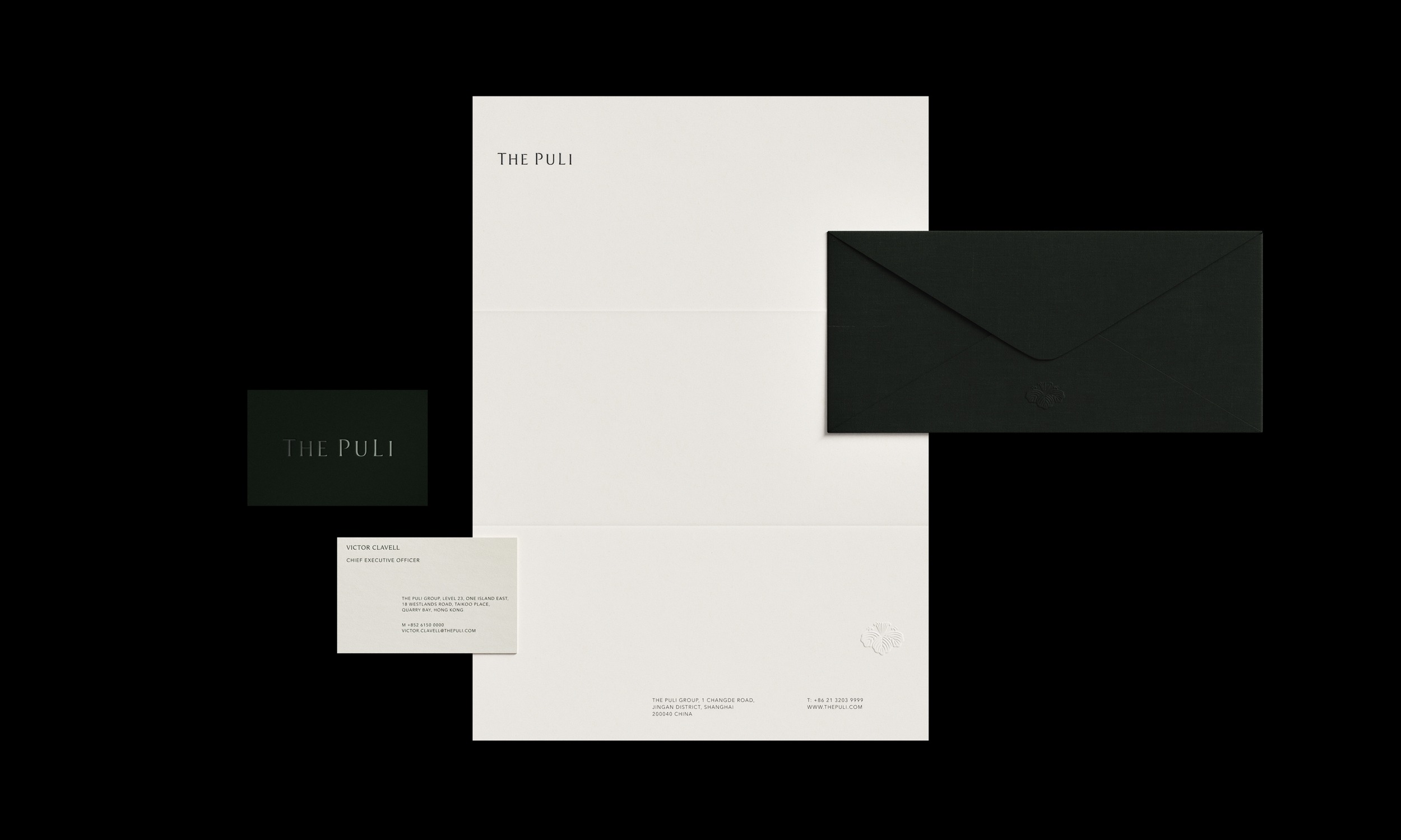The reimagined and designed stationery suite for The PuLi, at a master brand level. The property brand stationery follows a similar design language with localised colour and material palettes for connection and personalisation.