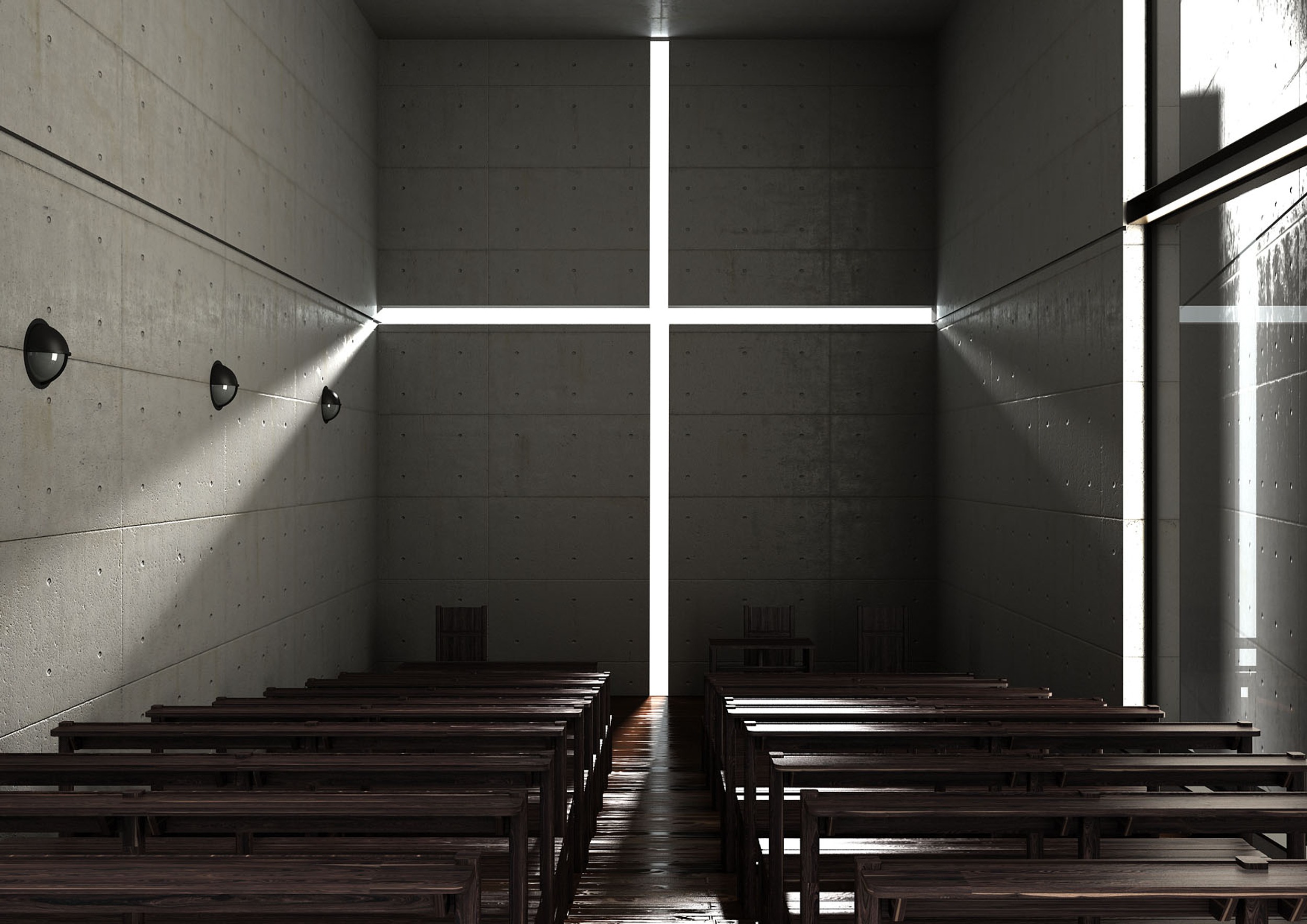 A photograph taken inside the Church of The Light by Tadao Ando, showing a simple cross cut-out from a single wall, alit by natural light from the outside.