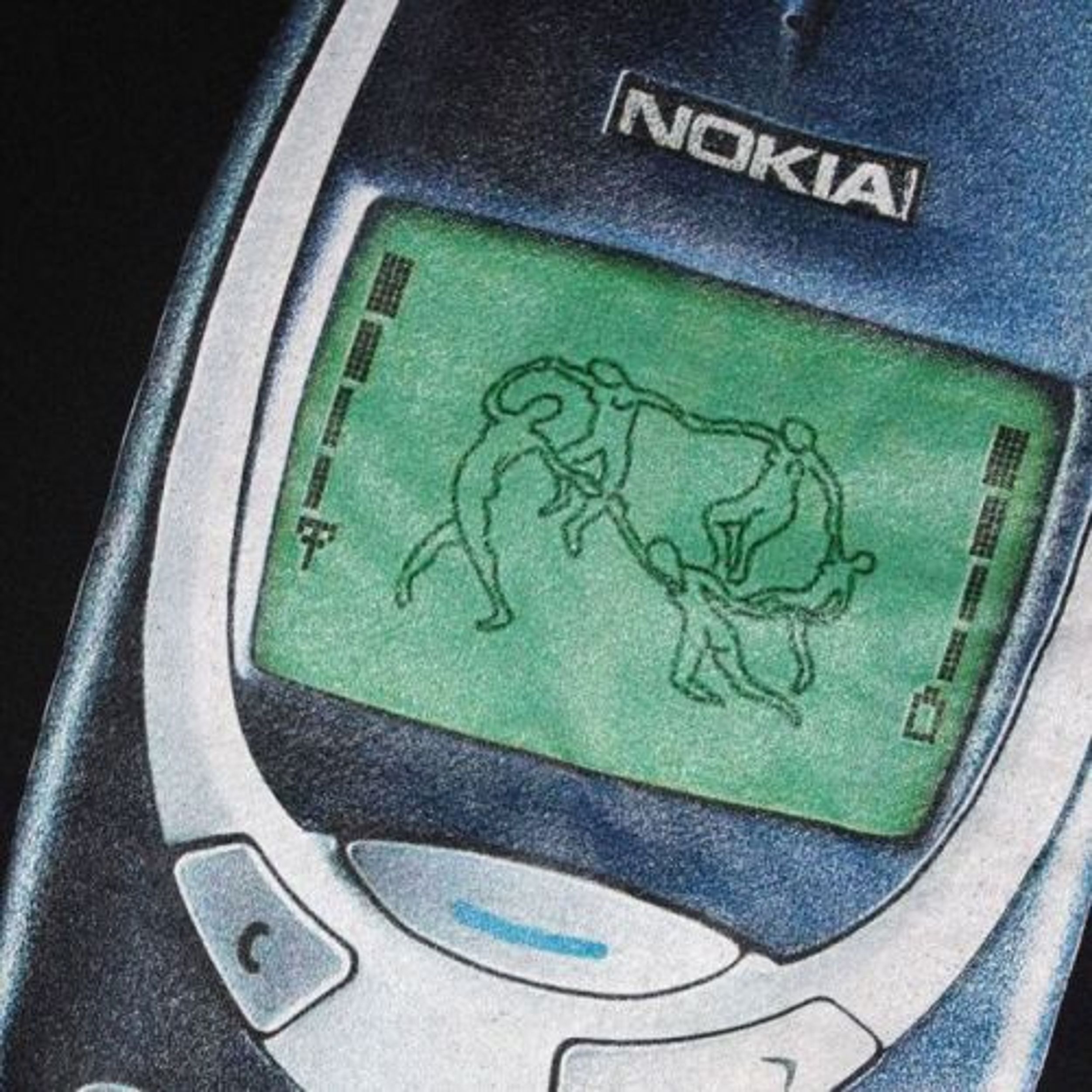 The Dance by Henri Matisse, imagined on the screen of a Nokia 3310 mobile phone.