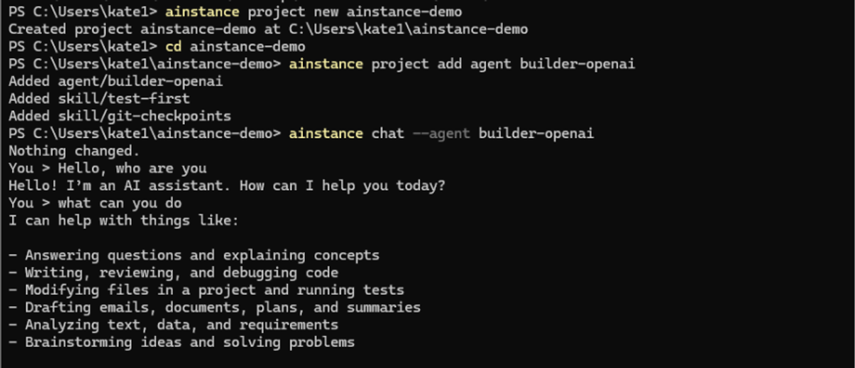 Creating a new project, agent, and chat with AInstance