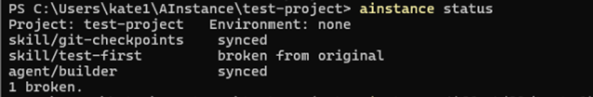 What it looks like in the terminal when I updated a project skill file: it says "broken from original" for that file