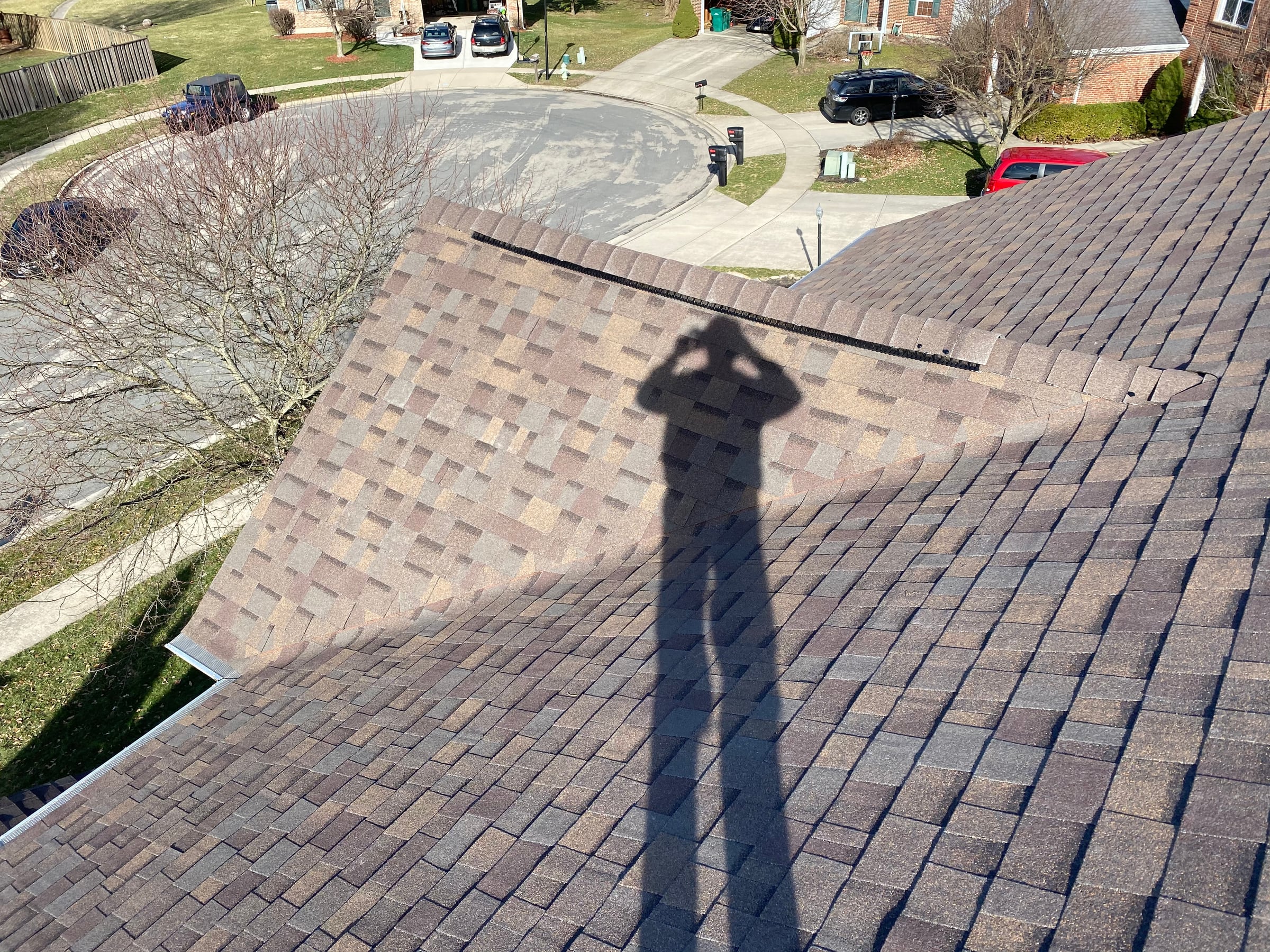 The finished roof above the cul-de-sac in the afternoon sun, Fairborn, Ohio.
