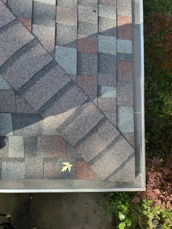 Gutter guard at the roof corner, looking down from the roof, on Brubaker Dr, Kettering