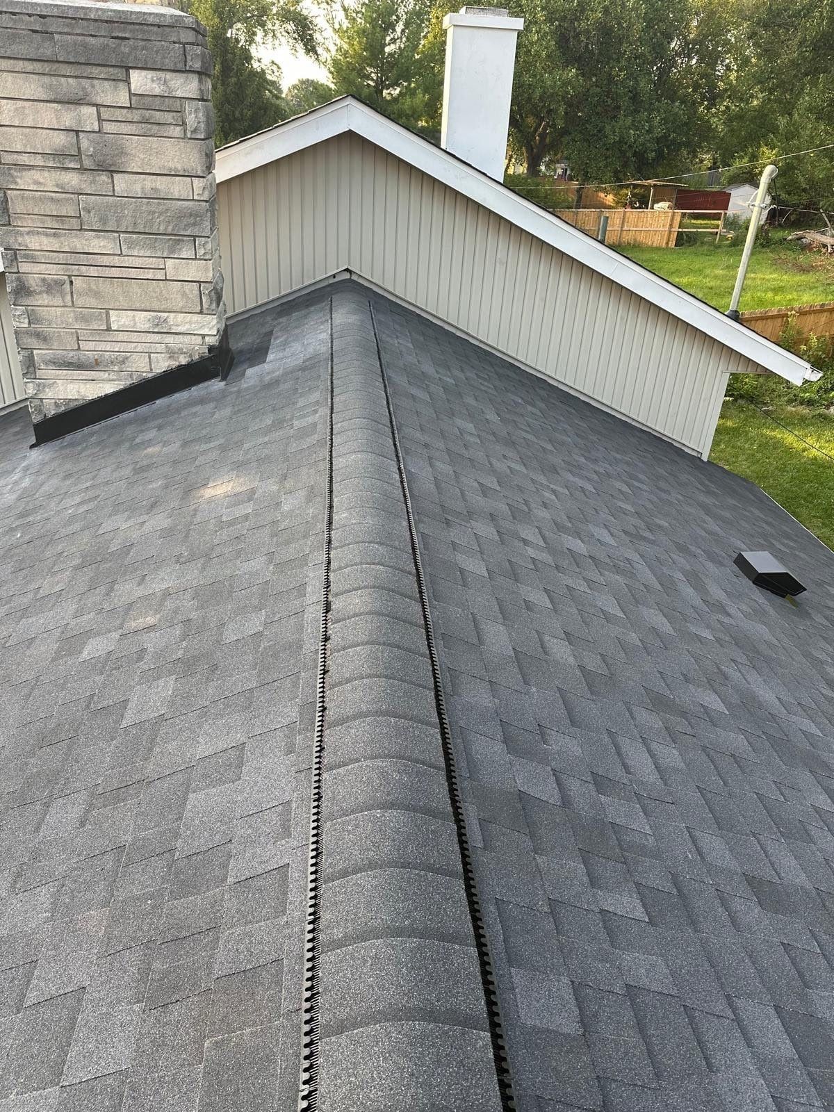 The finished ridge running to the second-story gable, Fairborn, Ohio.