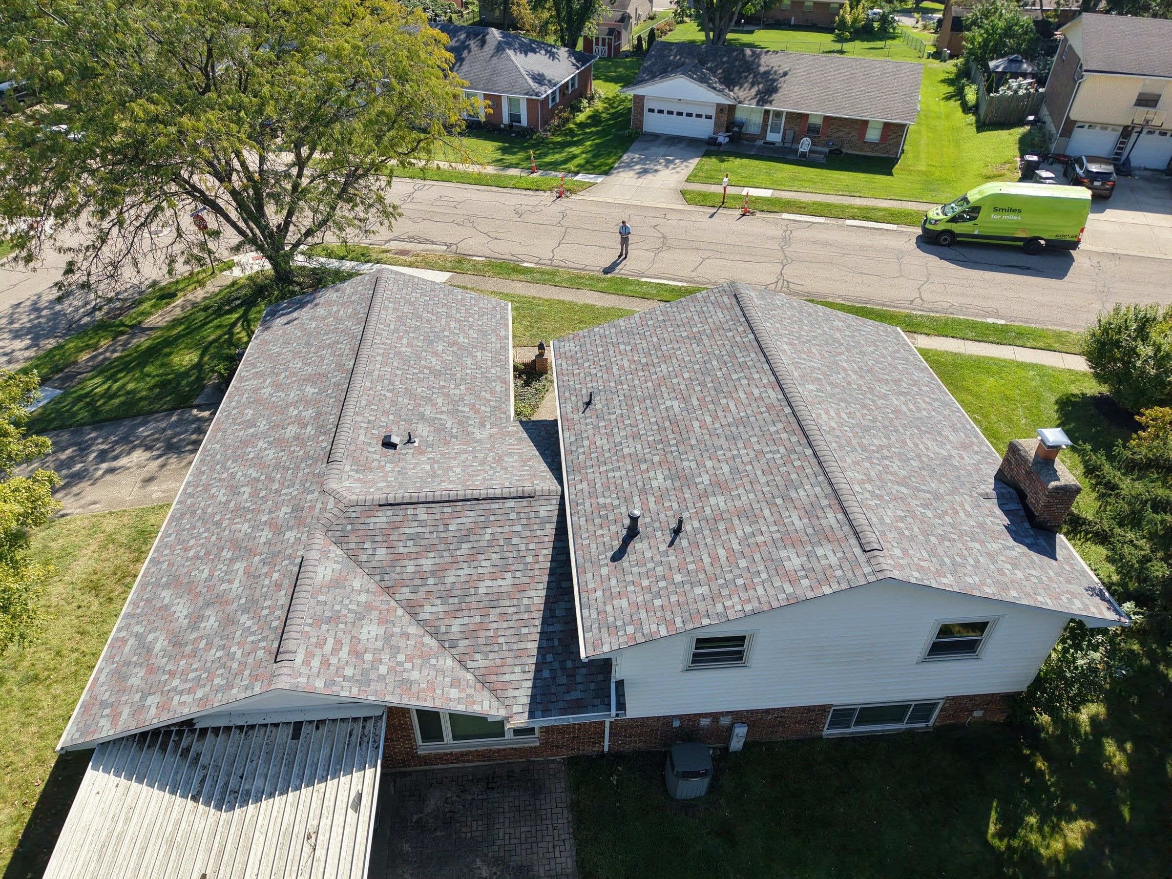 The finished roof from above, looking toward the street, West Carrollton, Ohio.