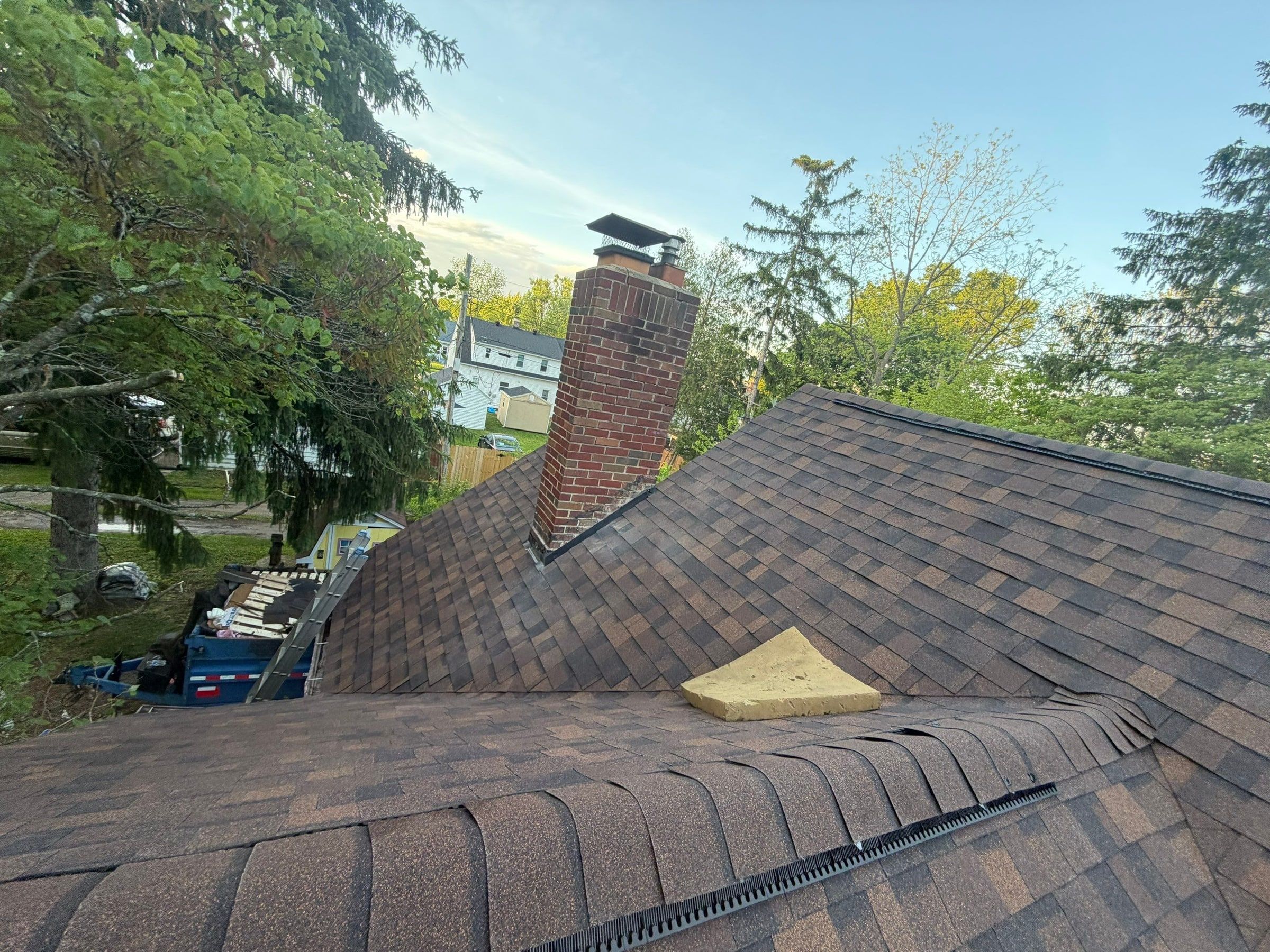 Ridge past the brick chimney