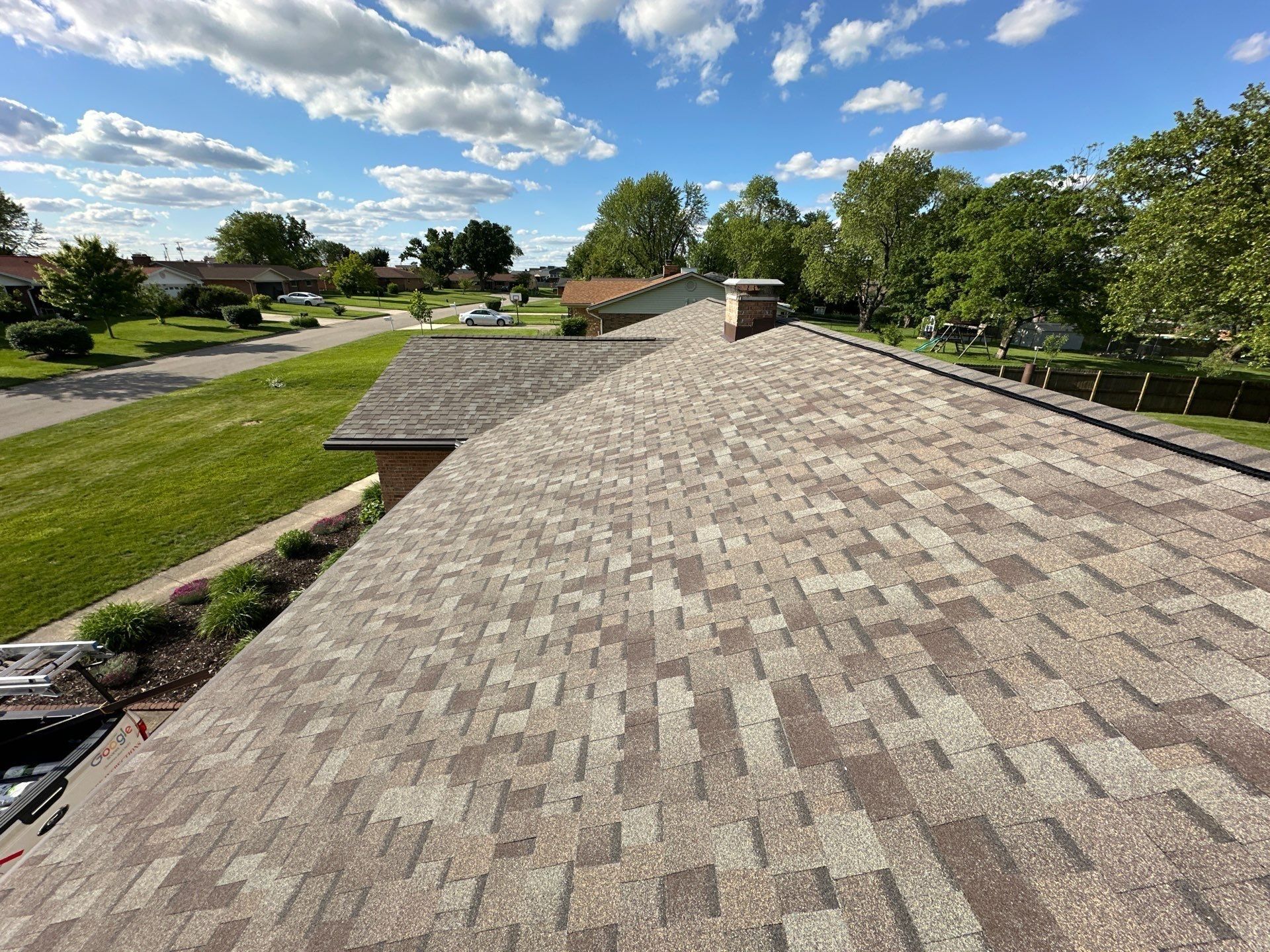 The finished roof from the ridge, looking out over the front yard, Beavercreek, Ohio.