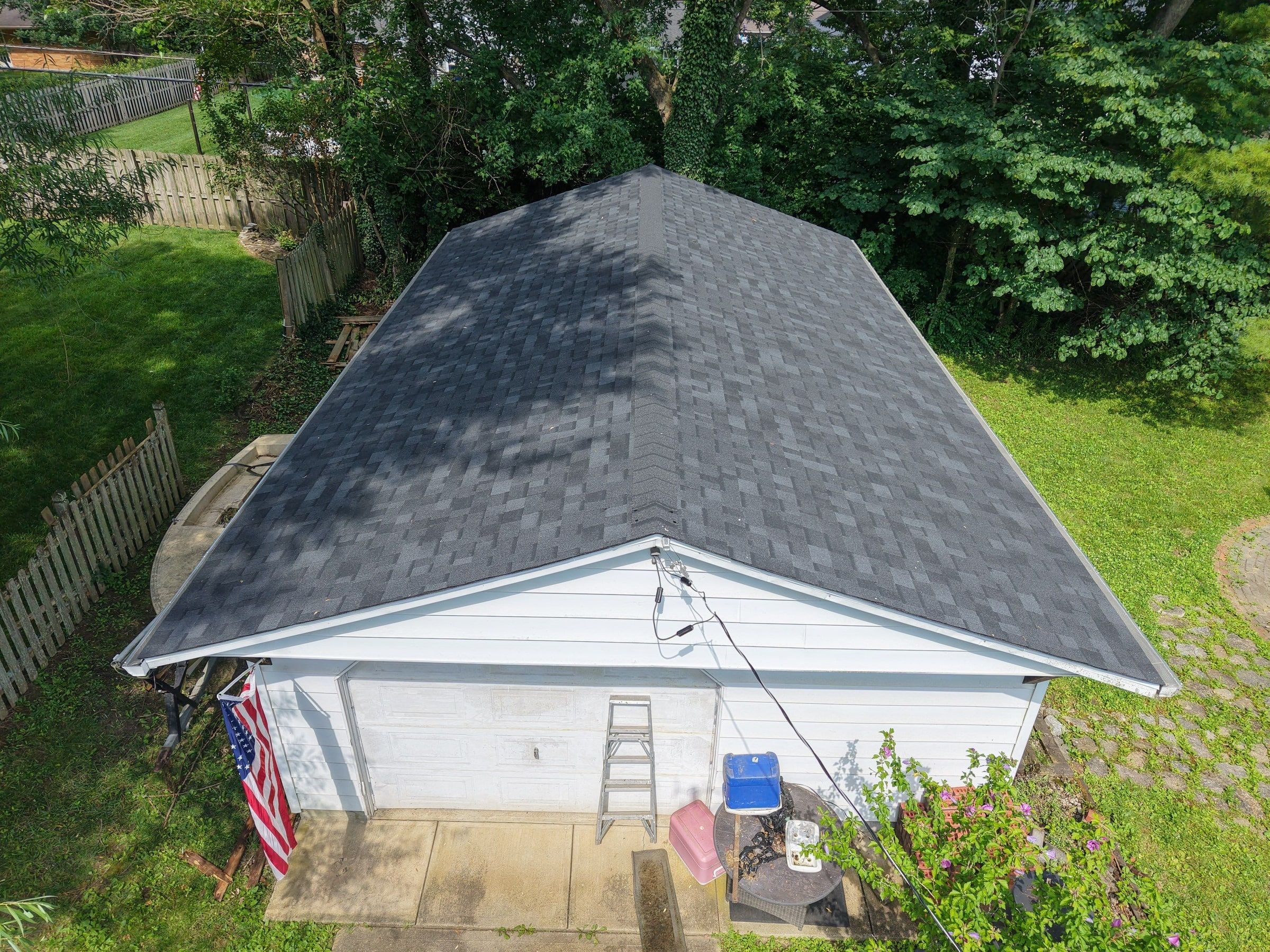 Drone photo of the detached garage and its new roof, Beavercreek, Ohio.