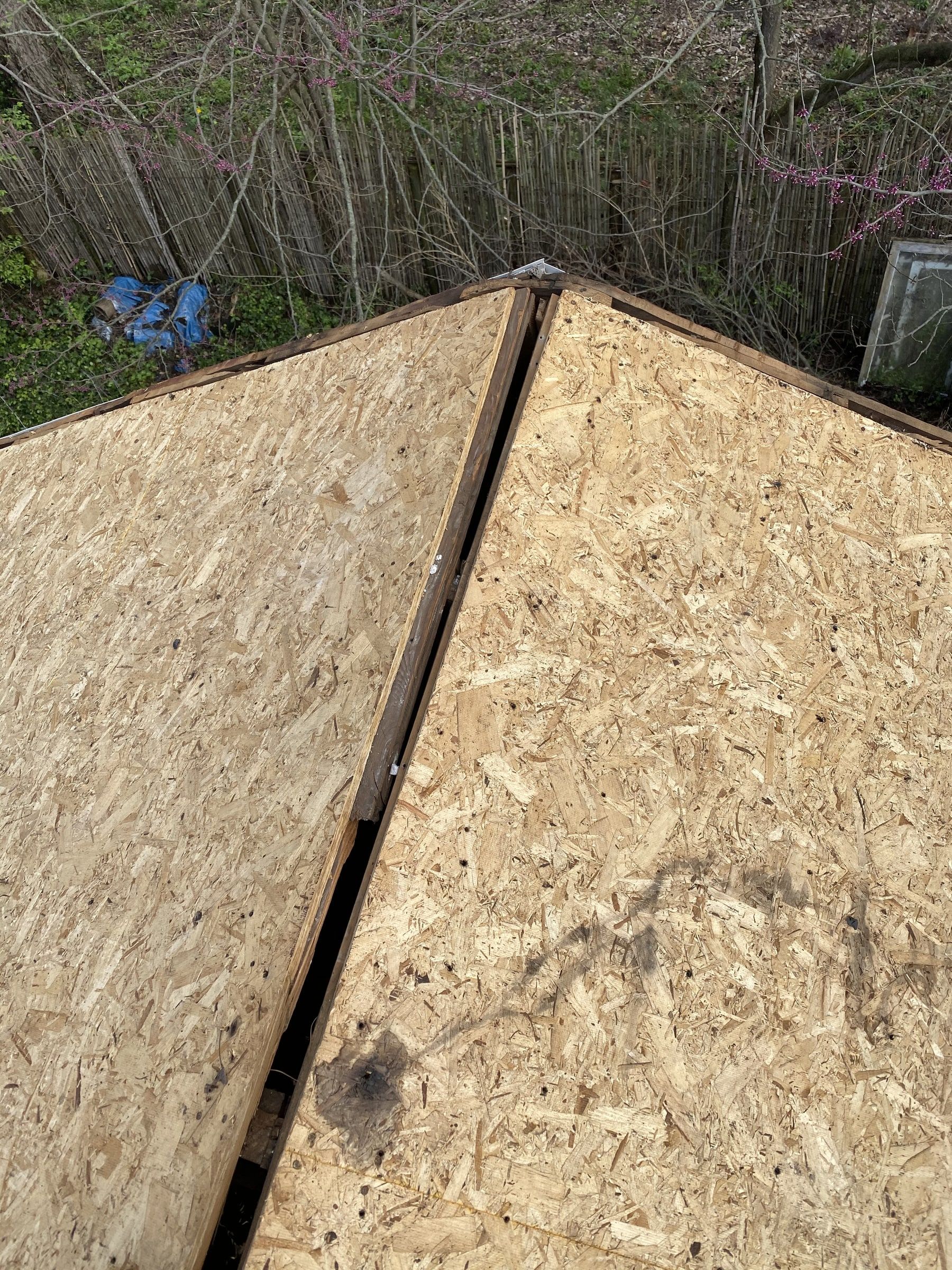 New OSB sheathing meeting at the peak of the roof, with the ridge left open, Yellow Springs, Ohio.