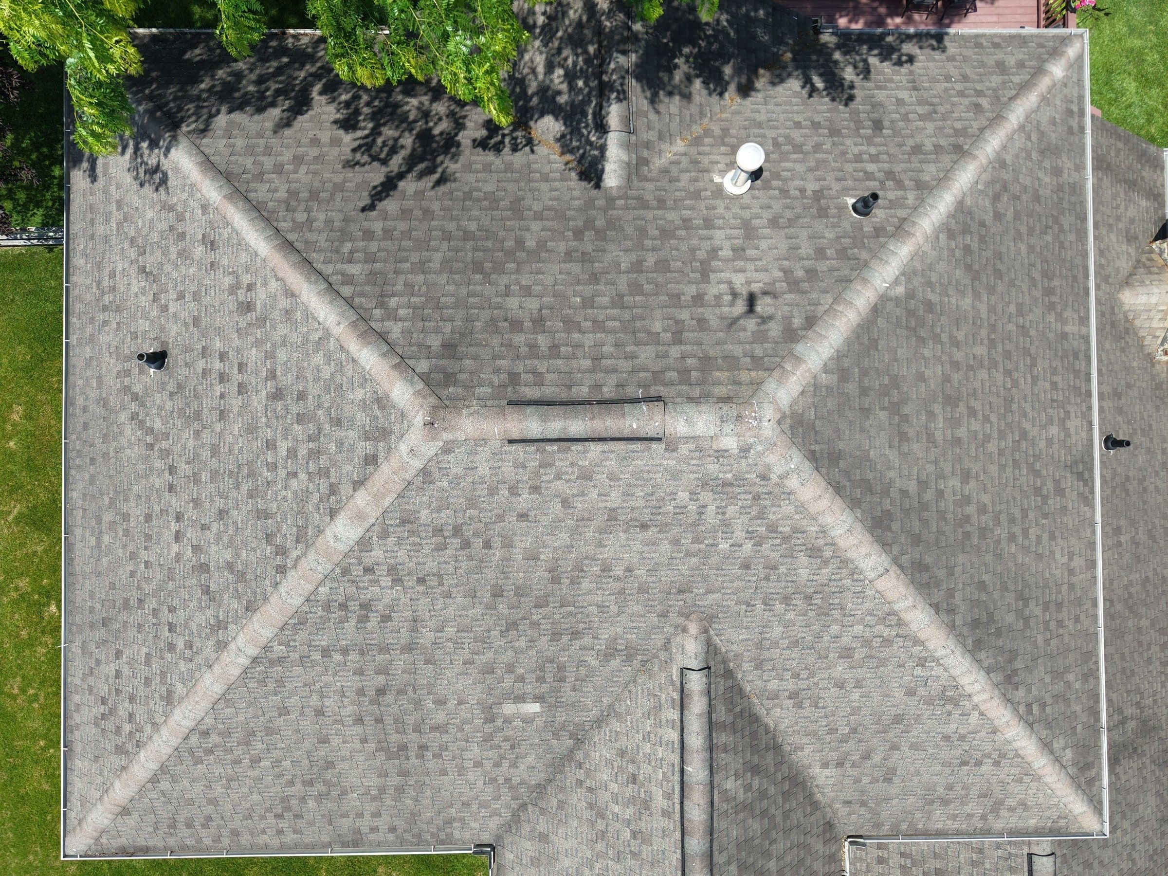 Drone photo of the old roof's hips and ridges, Beavercreek, Ohio.