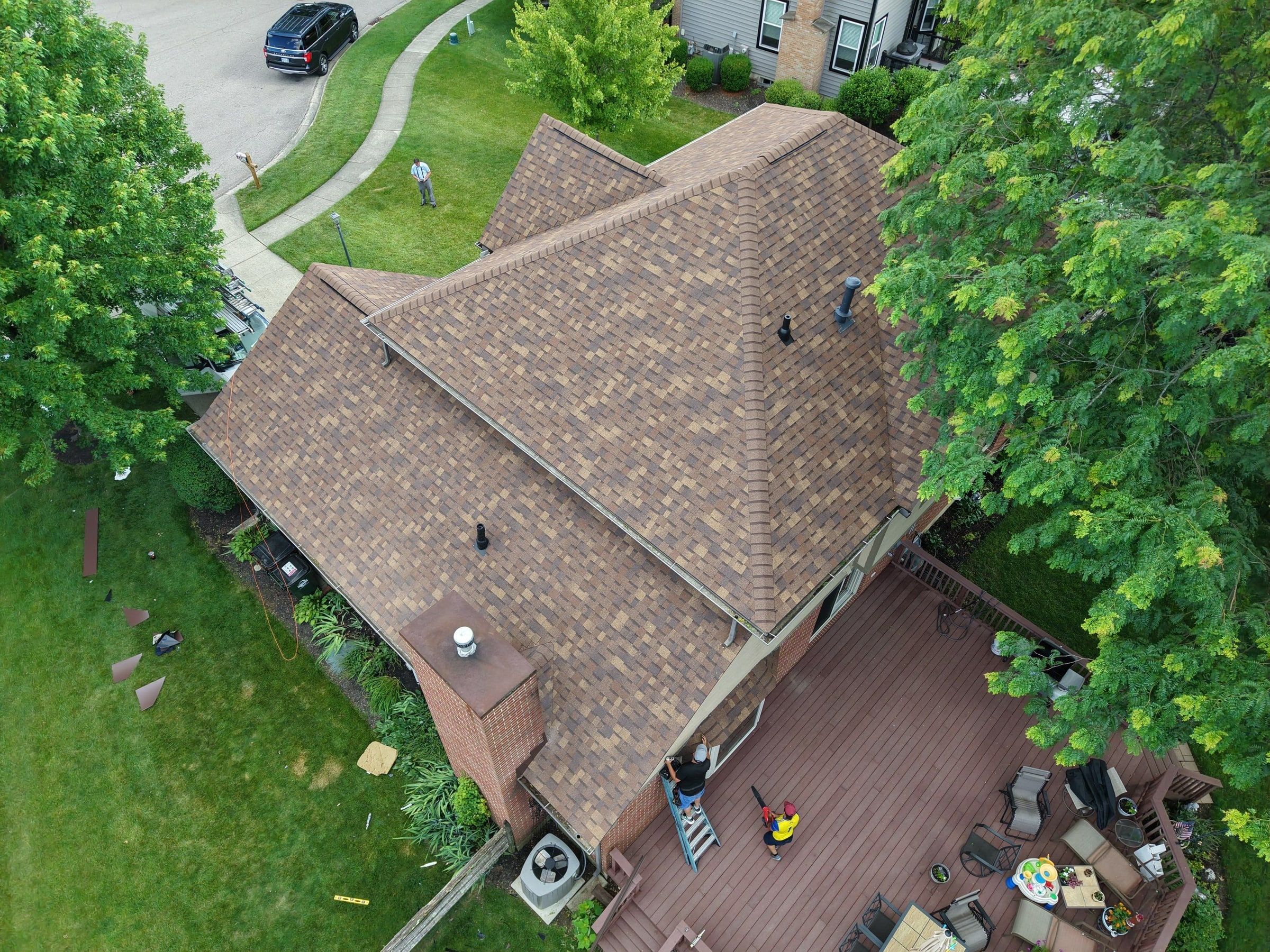 Drone photo of the finished roof over the back deck, Beavercreek, Ohio.