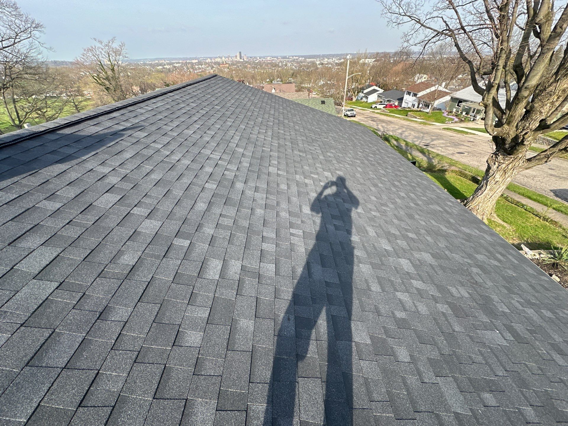 The finished roof in the afternoon sun, looking over the street, Dayton, Ohio.