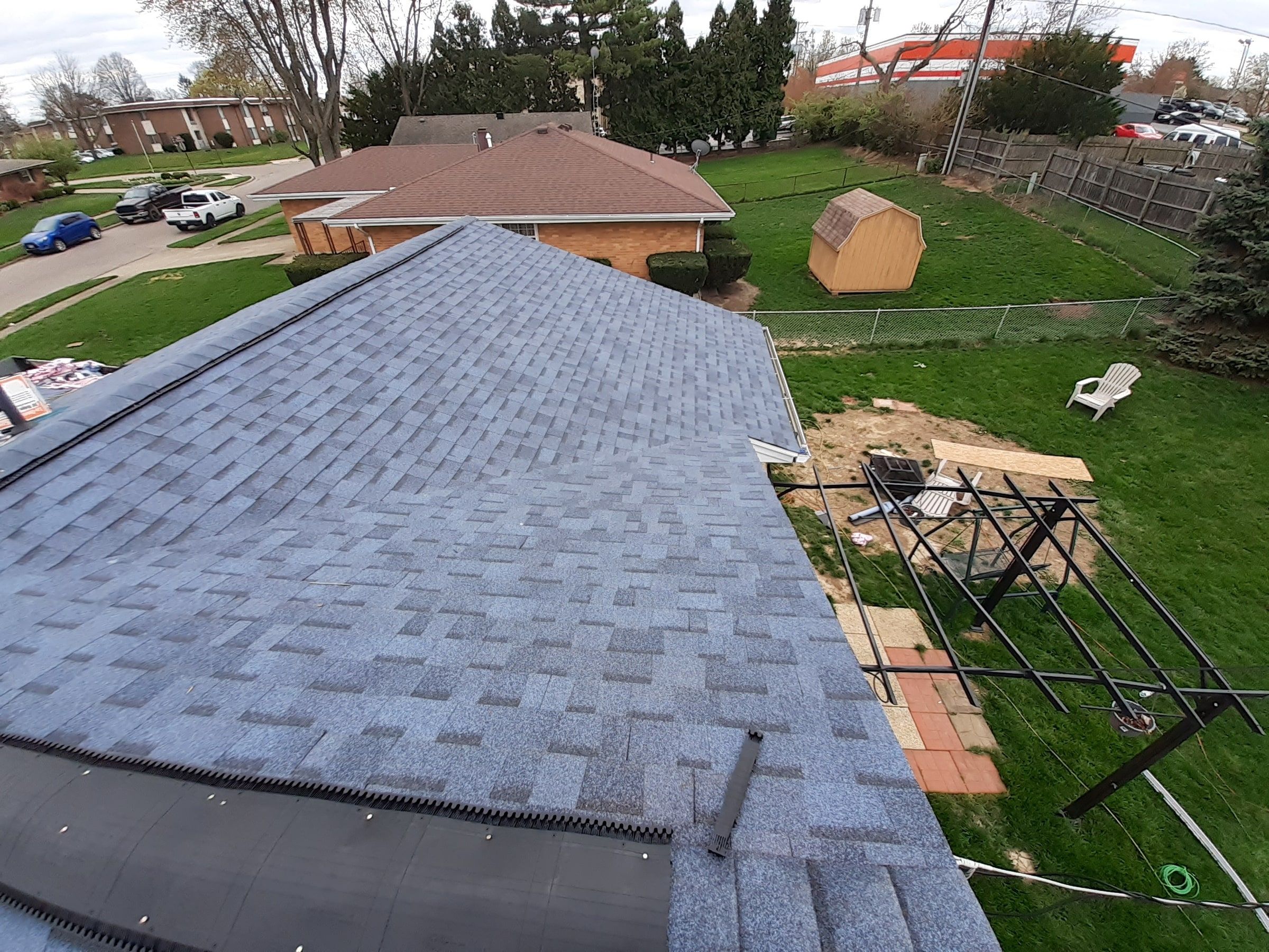 The finished roof on the back corner, looking across the yard, Kettering, Ohio.