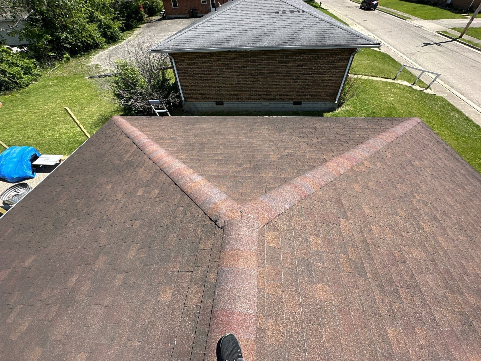 The hip roof and its ridges from the peak, Xenia, Ohio.