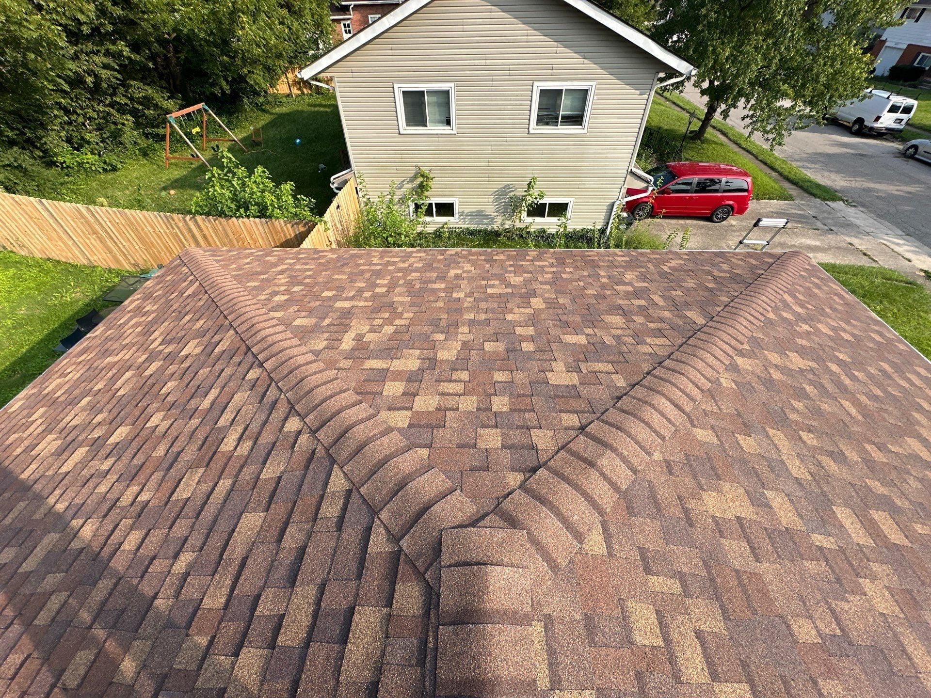 Two finished hips meeting at the end of the roof, Fairborn, Ohio.