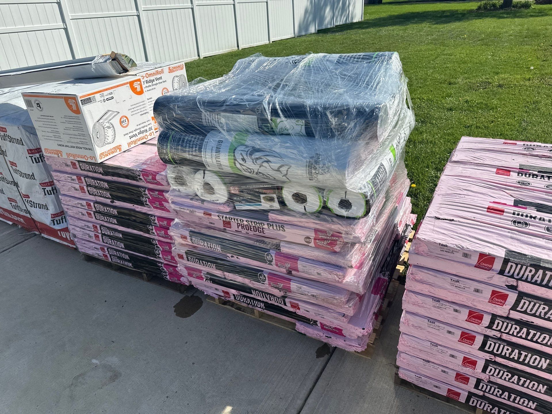 Owens Corning Duration shingles, underlayment and flashing on the driveway, Beavercreek, Ohio.