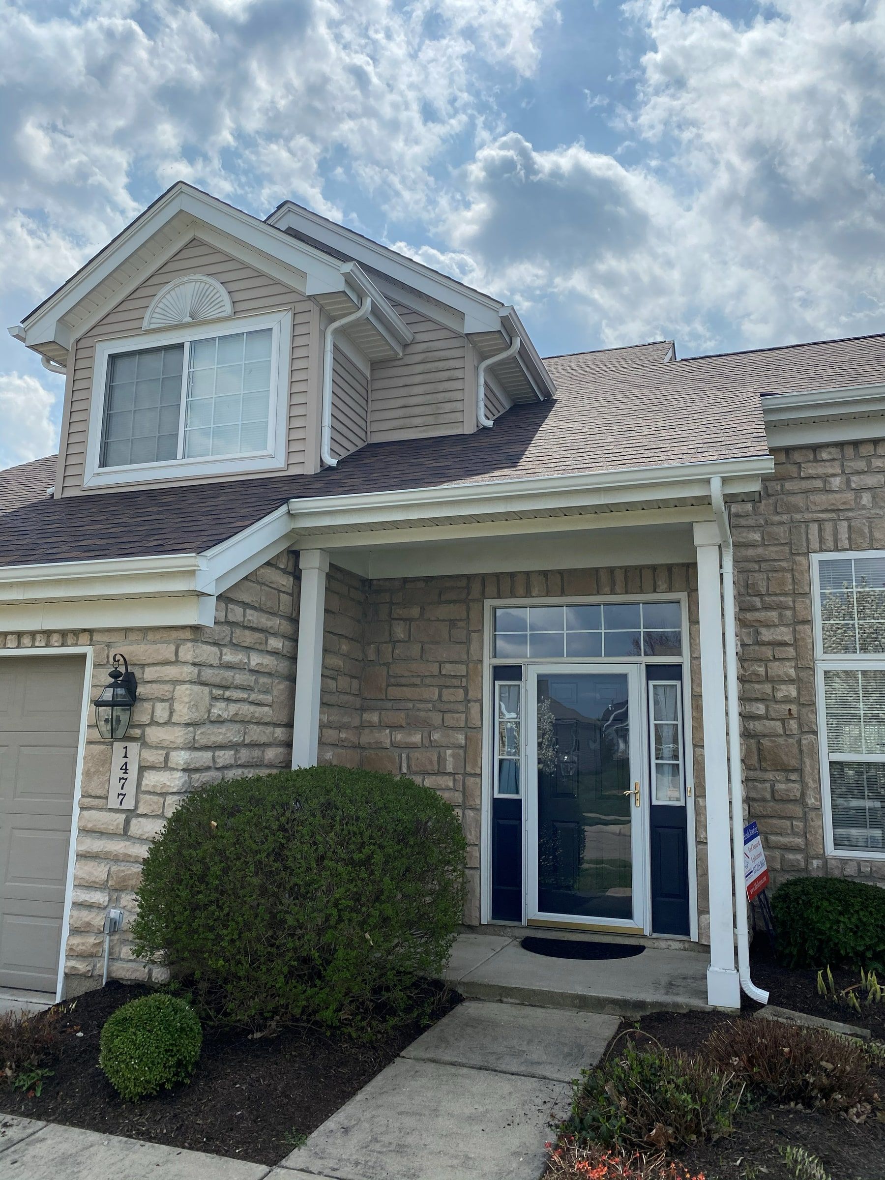 The new roof over the front porch and the upper gable, from the walk, Xenia, Ohio.