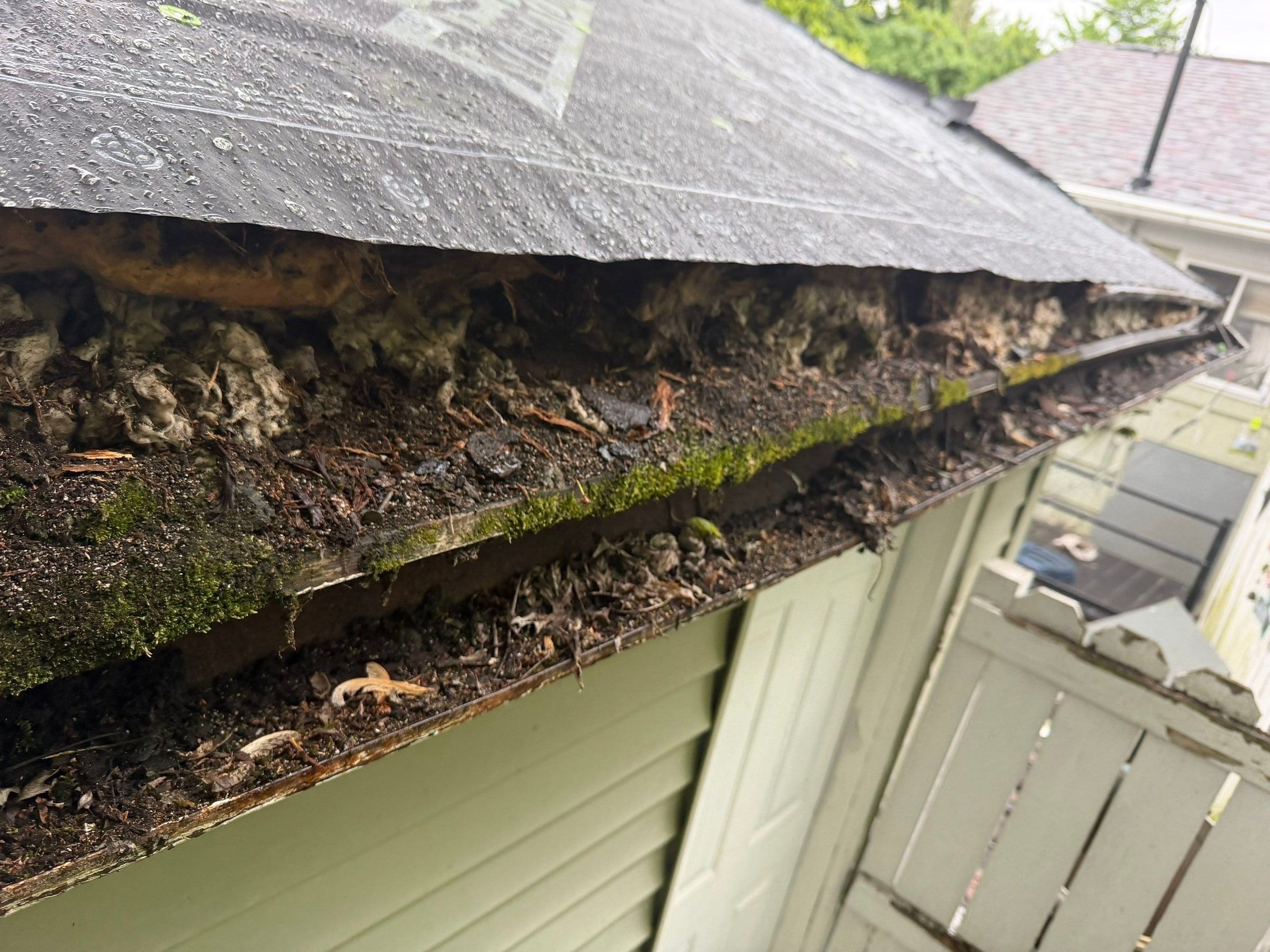Garage gutter with dirt and debris