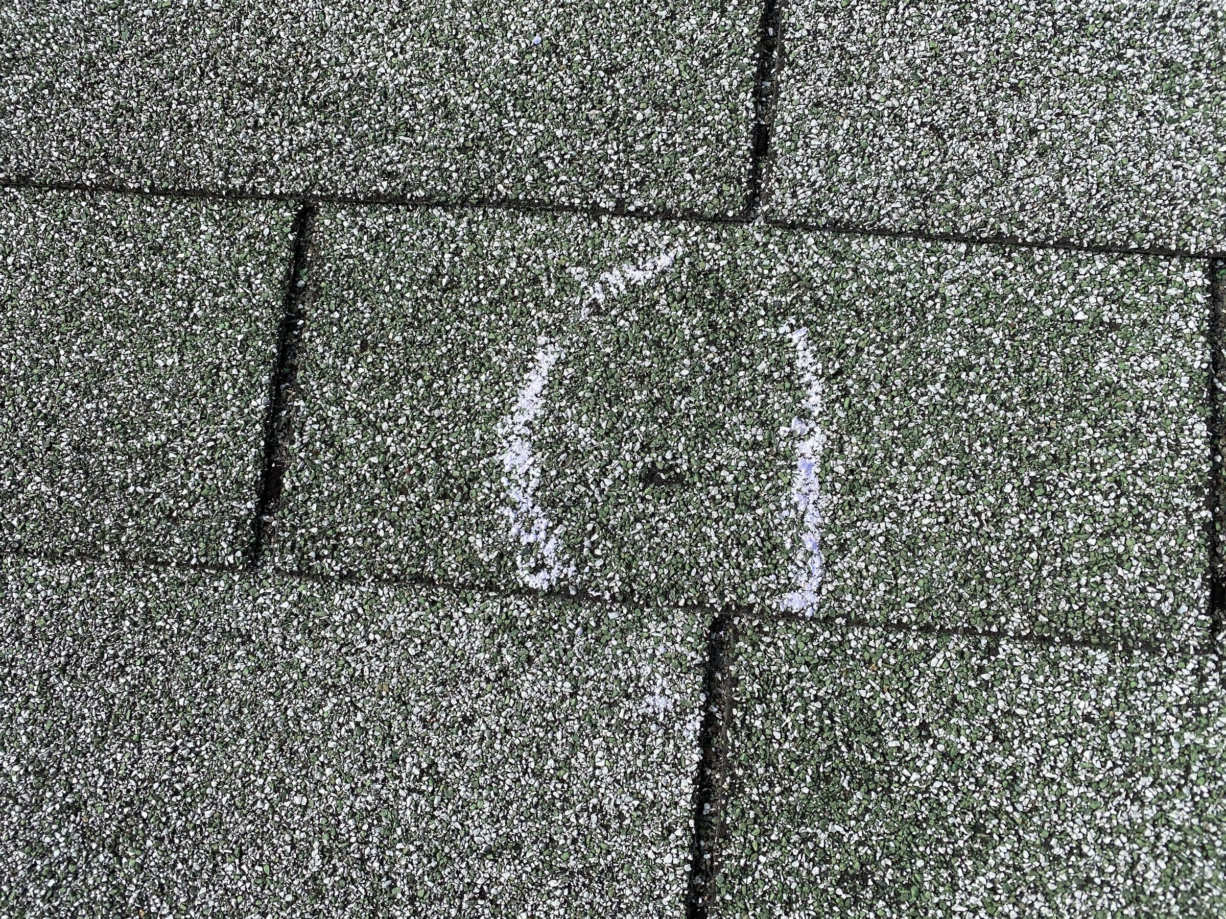 A hail hit circled in chalk on an old shingle tab, Kettering, Ohio.