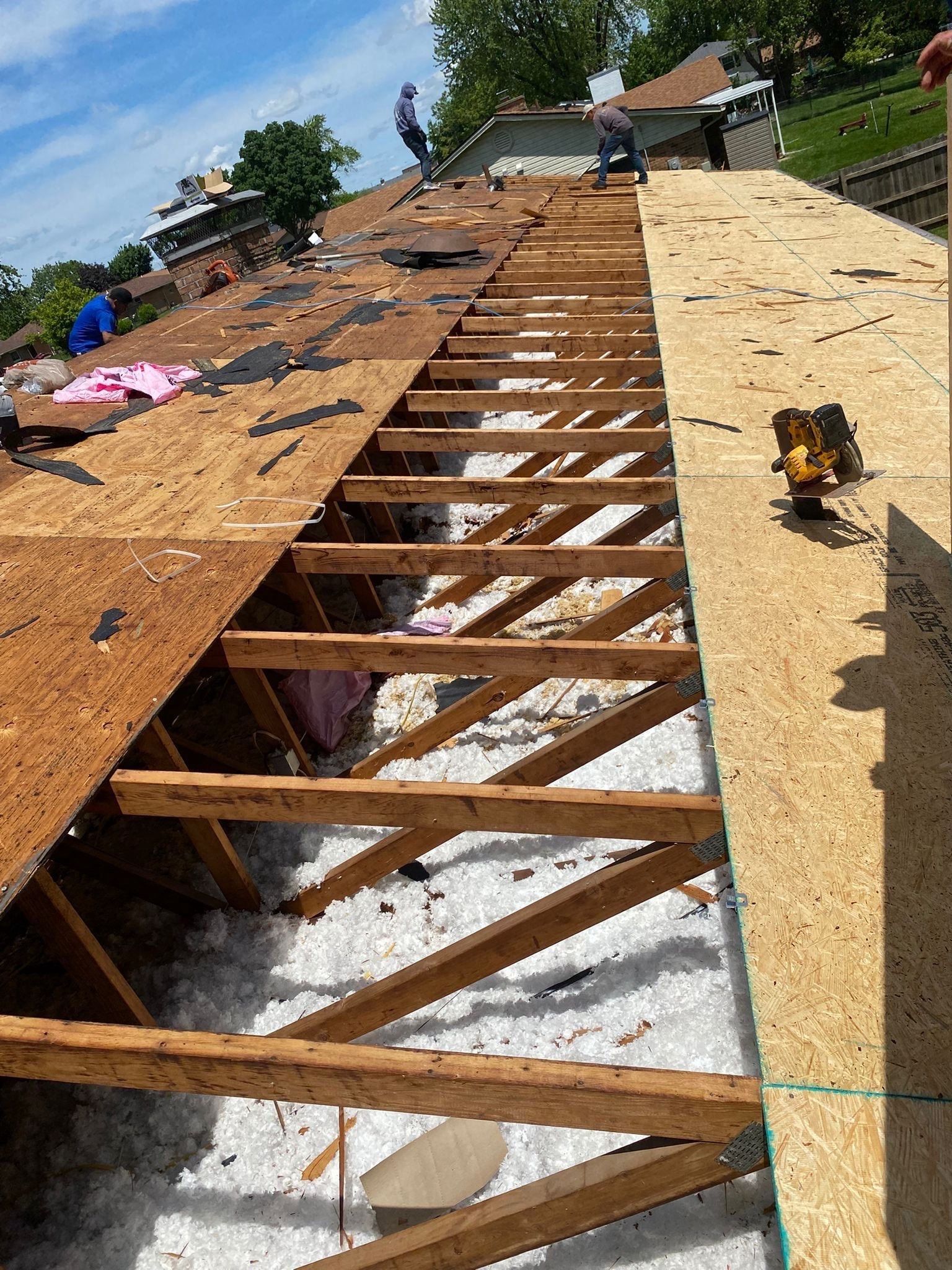 Open rafters on one side and new OSB going on the other, Beavercreek, Ohio.