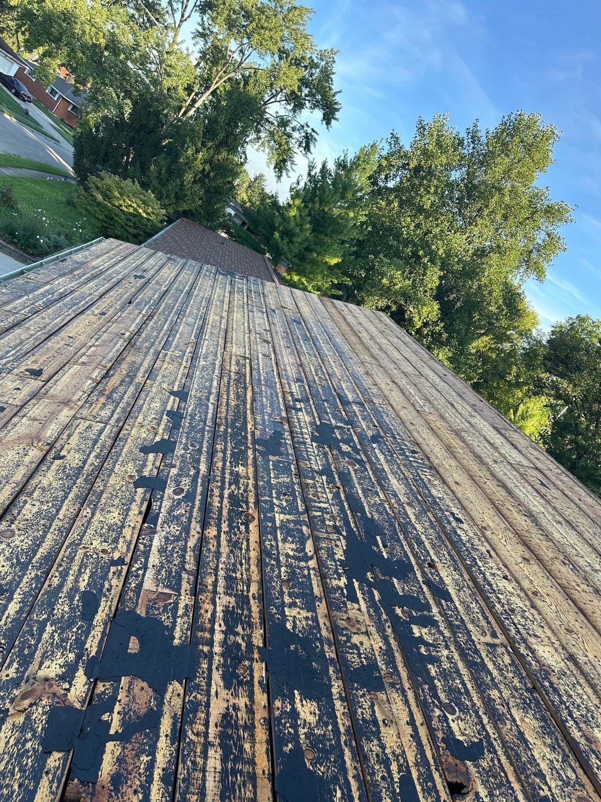 The old 1x board deck with tar residue after tear-off, Fairborn, Ohio.