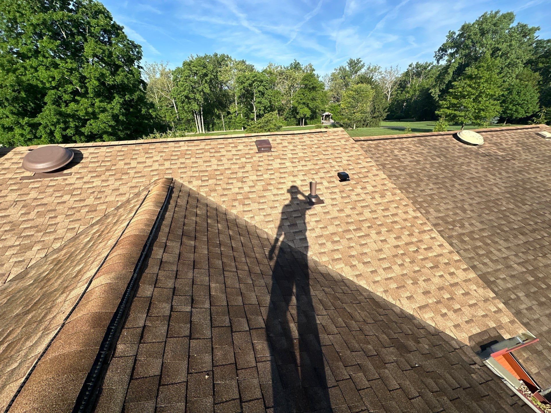 The repaired slope with roof vents and the trees behind the house, Clayton, Ohio.