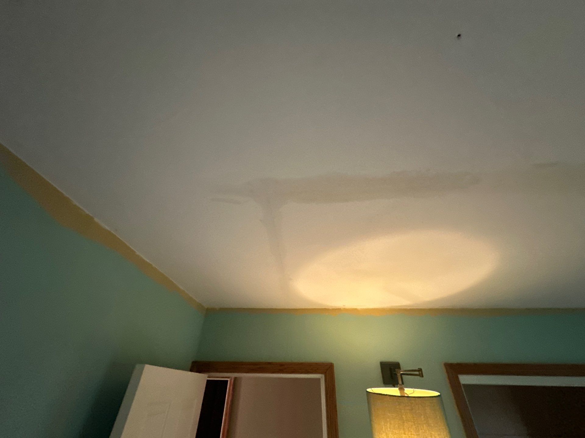 A water stain spreading across a bedroom ceiling after the tree strike, Beavercreek, Ohio.
