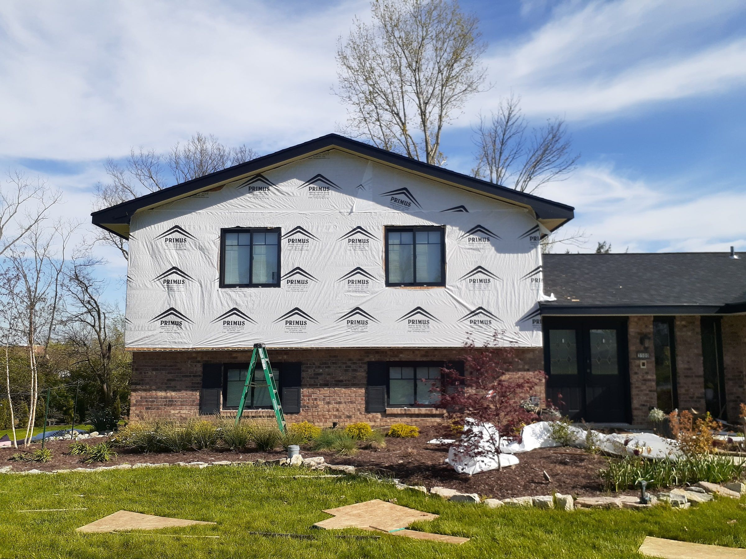 The front gable fully wrapped in house wrap, Beavercreek, Ohio.