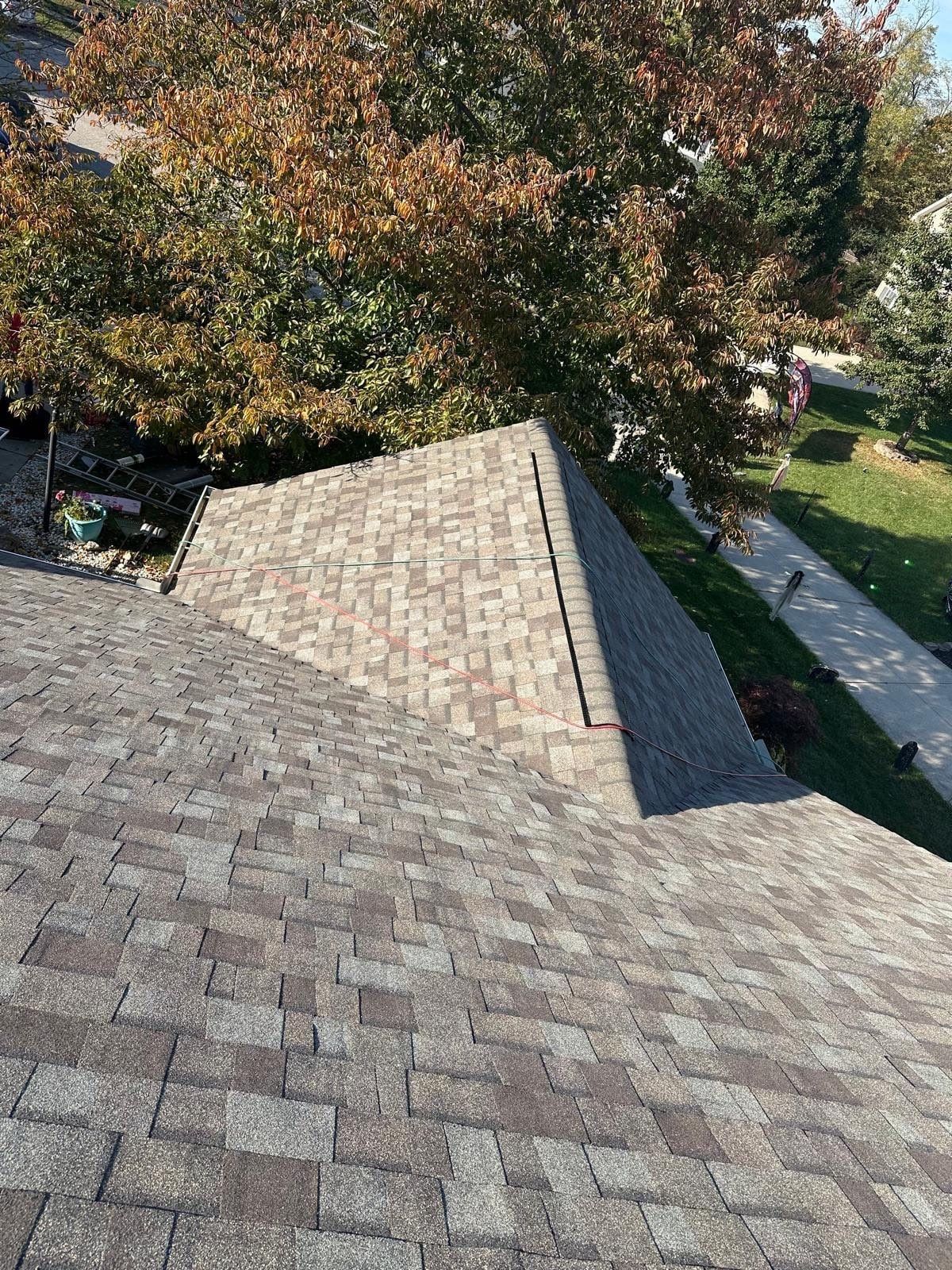 The finished front gable in Driftwood shingles, the front walk below, Beavercreek, Ohio.