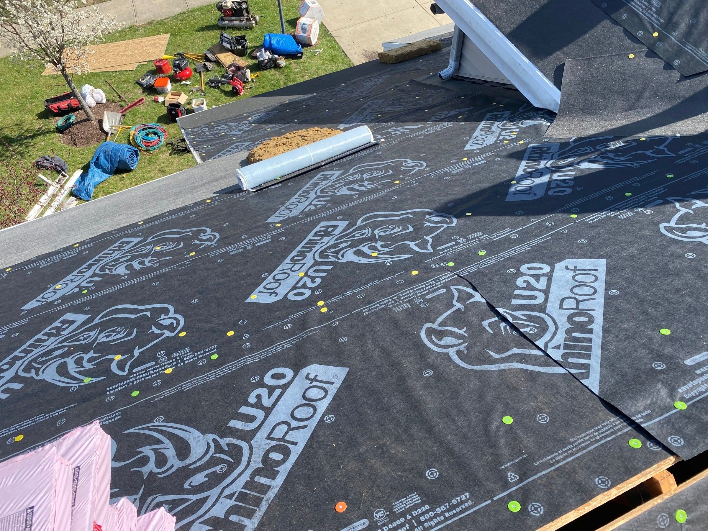RhinoRoof synthetic underlayment covering the deck down to the roof edge, Xenia, Ohio.