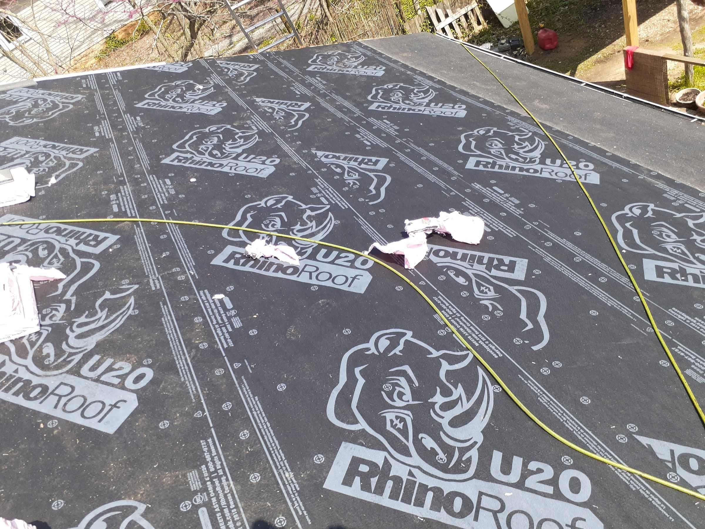 RhinoRoof U20 synthetic underlayment across the deck, with chalk lines for the shingles, Yellow Springs, Ohio.
