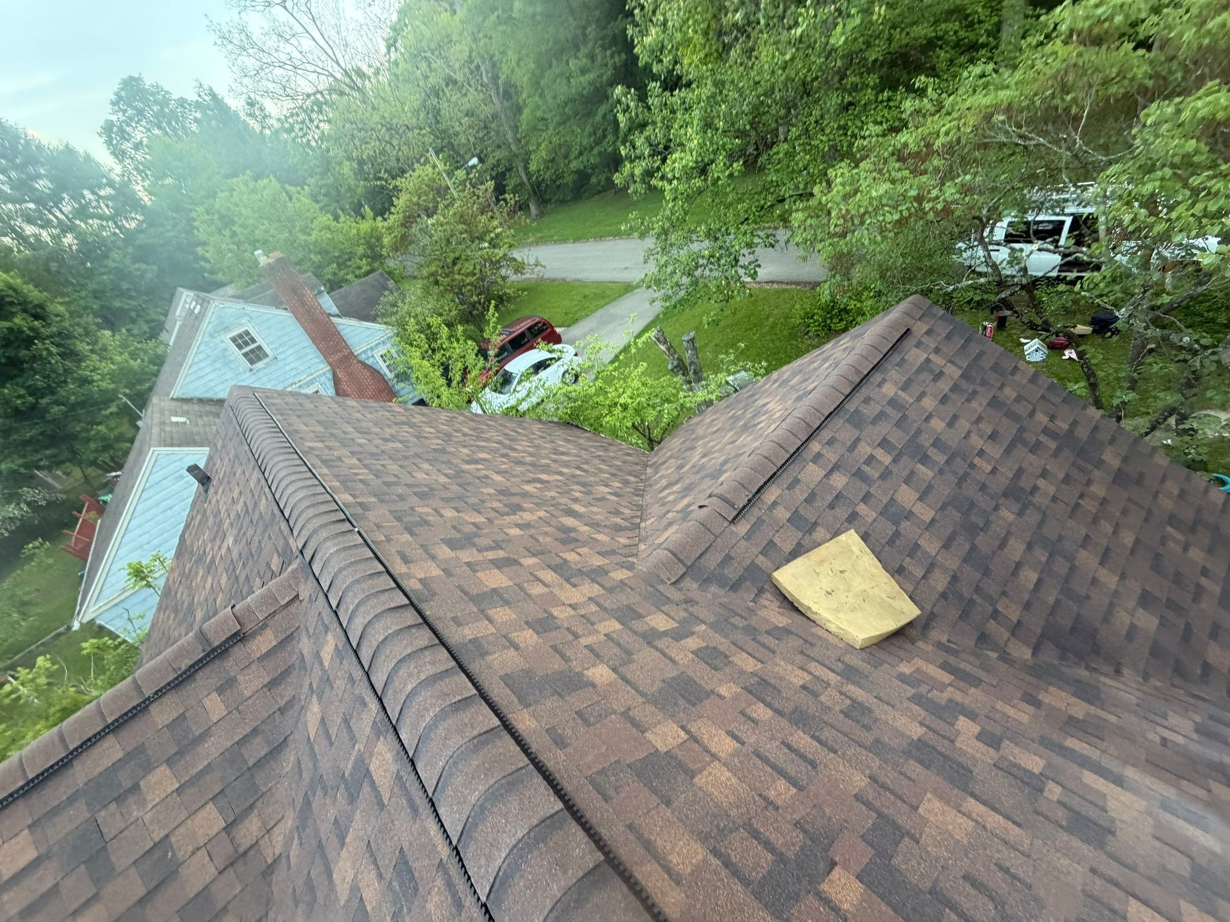 The finished roof from the top, with the street below, Springfield, Ohio.