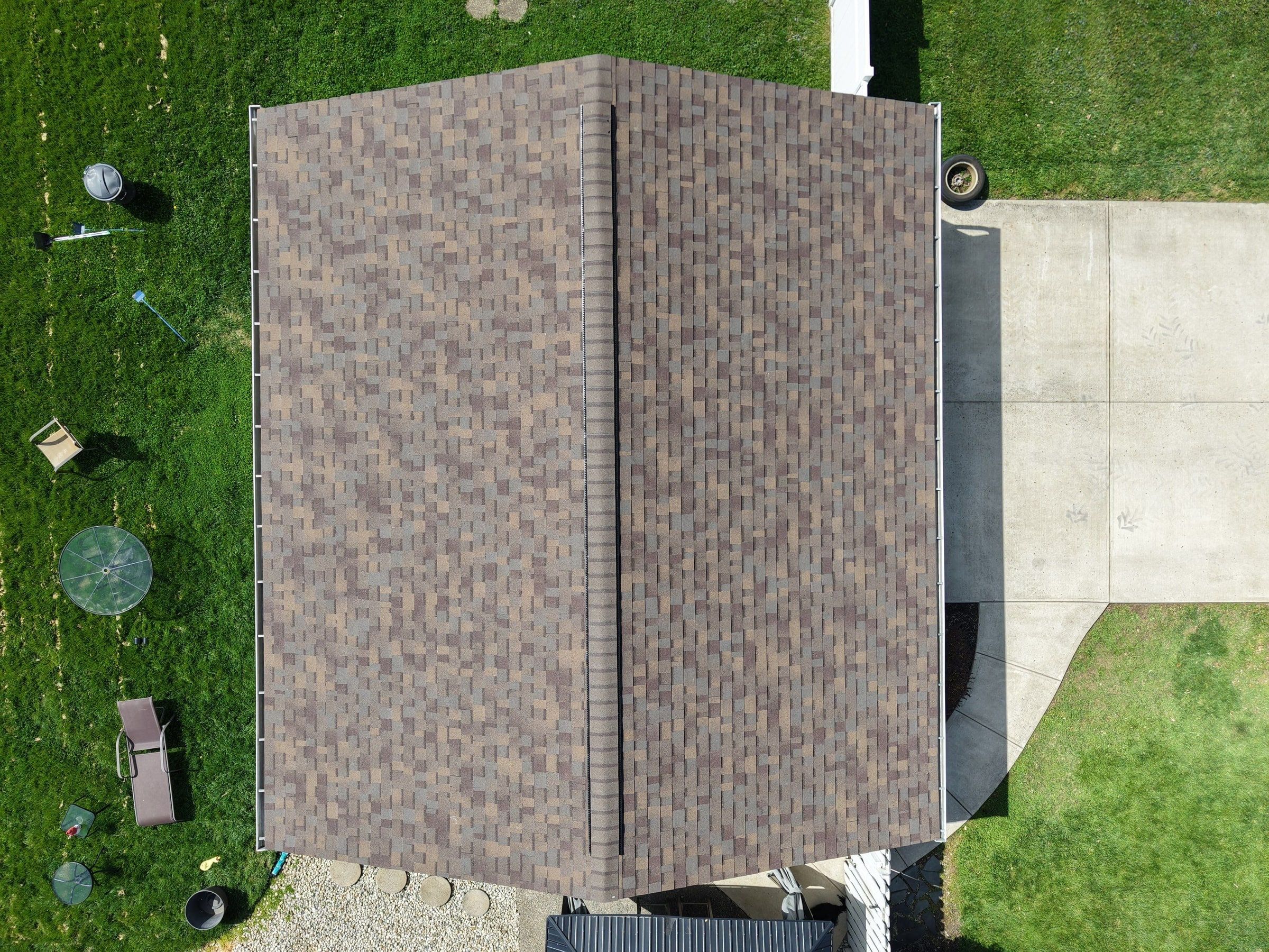 The finished detached garage roof from directly above, Beavercreek, Ohio.
